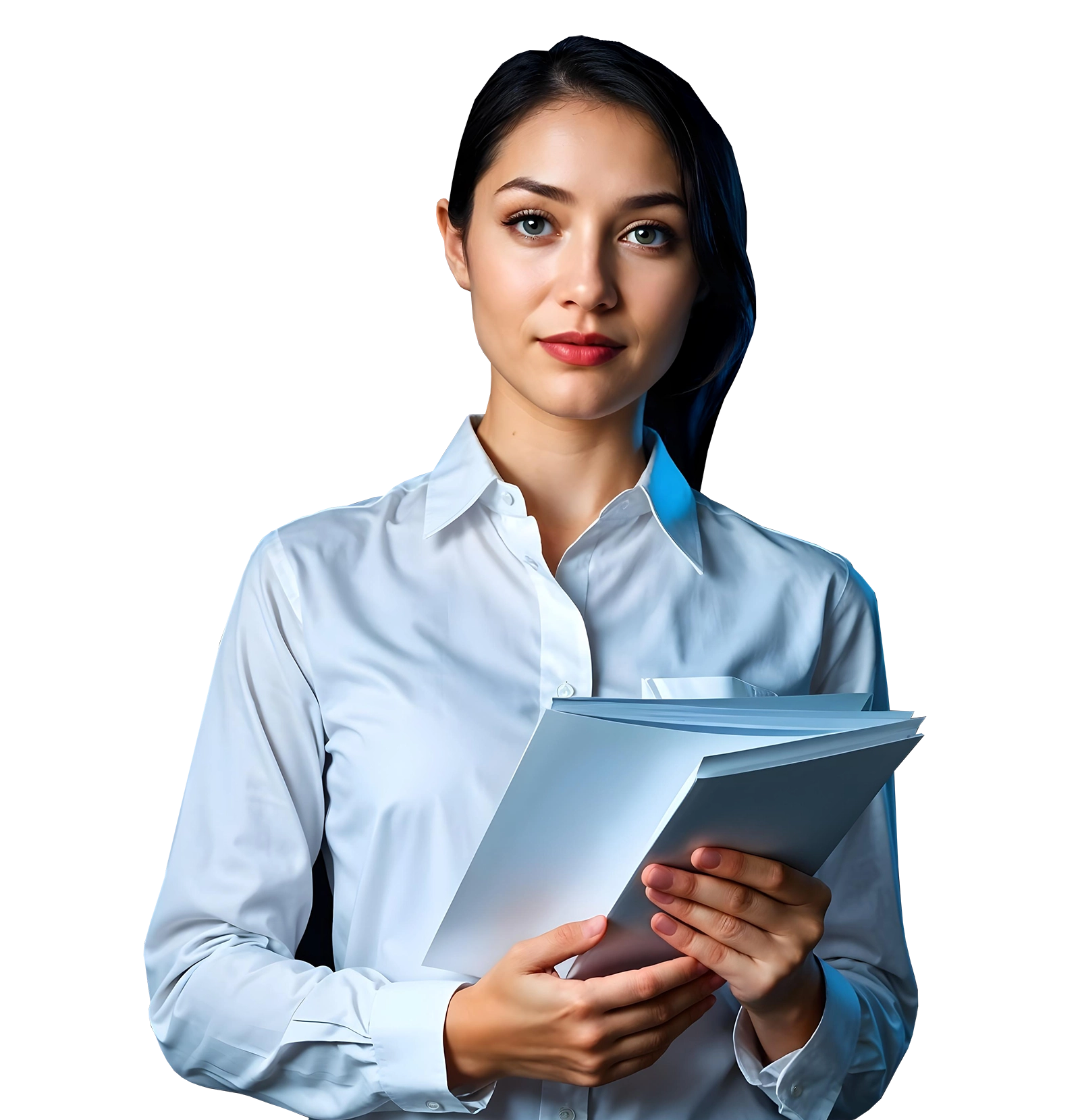 Uśmiechnięta kobieta w niebieskiej koszuli trzymająca dokumenty – profesjonalna obsługa celna.